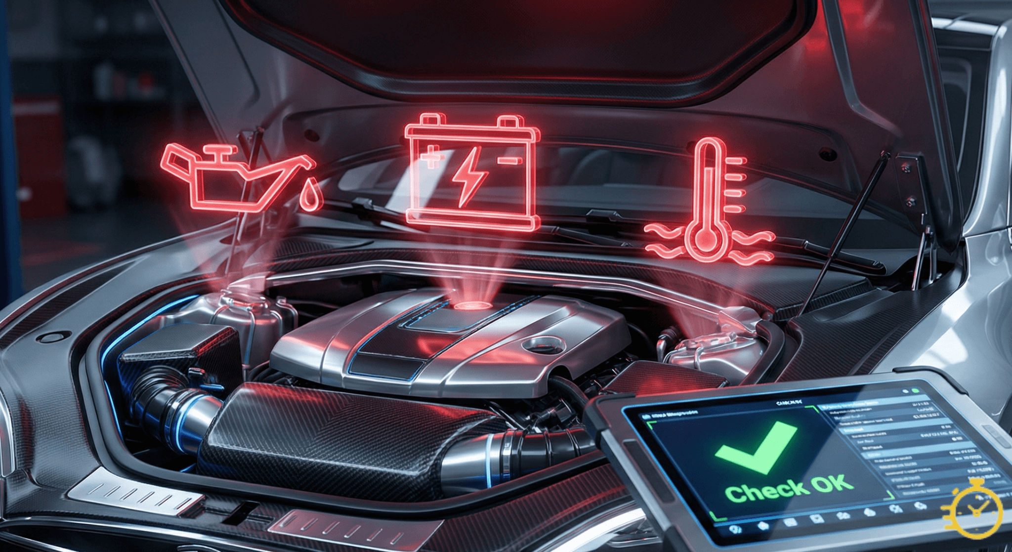 Motor de auto con iconos holográficos rojos de aceite y batería para el examen teórico